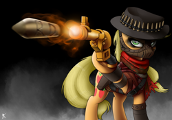 Size: 1000x700 | Tagged: safe, artist:supermare, applejack, earth pony, pony, clothes, crossover, erron black, gun, mortal kombat, mortal kombat x, solo, weapon