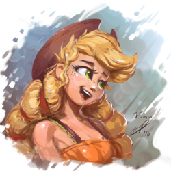 Size: 768x768 | Tagged: safe, artist:assasinmonkey, applejack, human, equestria girls, friendship through the ages, bust, cute, female, humanized, jackabetes, open mouth, sleeveless, solo