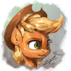 Size: 768x768 | Tagged: safe, artist:assasinmonkey, applejack, earth pony, pony, bust, cowboy hat, female, hat, mare, simple background, solo, stetson, three quarter view