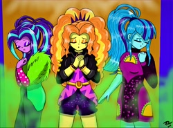 Size: 11600x8600 | Tagged: safe, artist:brekrofmadness, adagio dazzle, aria blaze, sonata dusk, better together, equestria girls, find the magic, absurd resolution, clothes, dress, food, jacket, leather jacket, ponytail, shorts, taco, taco dress, the dazzlings, unleash the magic