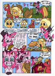 Size: 2544x3504 | Tagged: safe, artist:mohawkrex, artist:whysoseriouss, applejack, big macintosh, pinkie pie, earth pony, pony, comic:a piece of pie, alternate hairstyle, clothes, comic, female, food, glasses, hat, male, mare, pie, pigtails, pony pulls the wagon, stallion, the amazing pinkie pie, top hat, trombone, tuxedo, unicycle, wagon