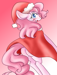 Size: 1200x1600 | Tagged: safe, artist:azurepicker, pinkie pie, pony, bipedal, cape, clothes, gradient background, hat, santa hat, solo