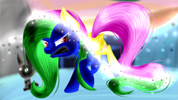 Size: 3309x1861 | Tagged: safe, artist:lixthefork, angel bunny, fluttershy, pegasus, pony, angry, opposite fluttershy