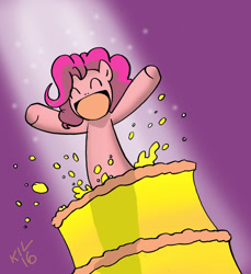 Size: 1024x1117 | Tagged: safe, artist:koku-chan, pinkie pie, earth pony, pony, cake, food, pop out cake, popping out of a cake, signature, simple background, solo, surprised