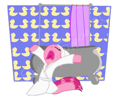 Size: 1600x1300 | Tagged: safe, artist:the-sparkly-spycar, pinkie pie, earth pony, pony, bathrobe, bathroom, bathtub, clothes, crossover, eyes closed, robe, silly songs, simple background, singing, solo, song parody, song reference, the hairbrush song, transparent background, veggietales, watermark