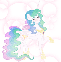 Size: 1094x1105 | Tagged: safe, artist:sunbutt-worshipper, princess celestia, alicorn, pony, abstract background, female, mare, one eye closed, raised hoof, solo, wink