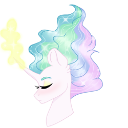 Size: 1000x1000 | Tagged: safe, artist:sunbutt-worshipper, princess celestia, alicorn, pony, bust, eyes closed, glowing horn, simple background, solo, white background, windswept mane