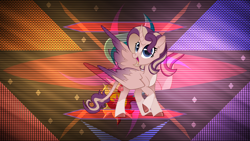 Size: 3840x2160 | Tagged: safe, artist:laszlvfx, artist:n0kkun, derpibooru import, edit, oc, oc only, oc:shimmering spectacle, alicorn, alicorn oc, curved horn, horn, leonine tail, looking at you, magical lesbian spawn, magical threesome spawn, offspring, open mouth, raised hoof, solo, two toned wings, wallpaper, wallpaper edit, wings