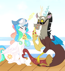 Size: 909x1000 | Tagged: safe, artist:sunbutt-worshipper, discord, princess celestia, alicorn, draconequus, pony, cute, discute, dislestia, female, food, male, meat, pepperoni, pepperoni pizza, pizza, ponies eating meat, shipping, smiling, straight