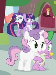 Size: 700x945 | Tagged: safe, artist:dm29, derpibooru import, rarity, spike, sweetie belle, twilight sparkle, dragon, pony, unicorn, consoling, crying, exploitable meme, female, fistful of tickets, fistful of yen, gala ticket, golden oaks library, jealous, male, marshmelodrama, meme, shipping, shipping denied, spikebelle, straight, ticket