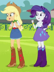 Size: 392x522 | Tagged: safe, screencap, applejack, rarity, equestria girls, equestria girls (movie), animated, apple, belt, boots, bracelet, clapping, clothes, cowboy boots, cropped, fence, food, high heel boots, jewel, jewelry, loop, skirt, soccer field