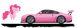 Size: 2650x988 | Tagged: safe, artist:oinktweetstudios, pinkie pie, earth pony, pony, car, eyes closed, grin, happy, jumping, porsche, porsche 911, simple background, smiling, solo, supercar, white background