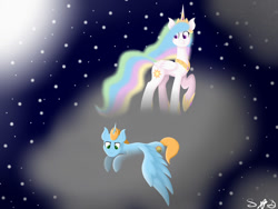 Size: 1024x768 | Tagged: safe, artist:dolphingirl02, princess celestia, oc, oc:harmony star, alicorn, pony, alicorn oc, cloud, duo, female, frown, hoof shoes, lying on a cloud, male, mare, night, on a cloud, peytral, raised hoof, stallion, standing on cloud, stars