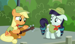 Size: 720x424 | Tagged: safe, screencap, applejack, coloratura, earth pony, pony, the mane attraction, filly