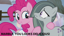 Size: 1280x720 | Tagged: safe, edit, edited screencap, screencap, marble pie, pinkie pie, earth pony, pony, hearthbreakers, caption, implied incest, lip bite, worried