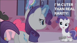 Size: 1270x718 | Tagged: safe, edit, edited screencap, screencap, pinkie pie, rarity, sweetie belle, earth pony, pony, unicorn, magic duel, female, filly, filly rarity, image macro, meme, raritie belle, rarity is not amused, younger