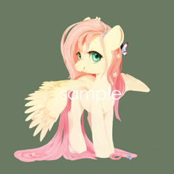 Size: 1500x1500 | Tagged: safe, artist:haidiannotes, fluttershy, butterfly, pegasus, pony, colored pupils, female, flower, flower in hair, green background, looking at you, mare, simple background, solo, spread wings, watermark, wings