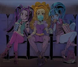 Size: 1304x1120 | Tagged: safe, artist:5mmumm5, adagio dazzle, aria blaze, sonata dusk, equestria girls, ass, bubblegum, butt, cinema, clothes, drinking, drinking straw, eating, female, food, gum, hot dog, leggings, legs, looking at you, meat, pigtails, ponytail, popcorn, sausage, schrödinger's pantsu, shoes removed, sitting, socks, sonata donk, the dazzlings, thighs, trio, trio female, twintails