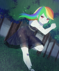 Size: 1698x2048 | Tagged: safe, artist:yanafian, derpibooru import, rainbow dash, equestria girls, black dress, clothes, commissioner:ajnrules, dress, female, forest, gritted teeth, little black dress, rain, rainbow dash always dresses in style, running, scratches, sleeveless, solo, wet clothes, wet dress