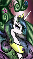 Size: 540x960 | Tagged: safe, alternate version, artist:colochenni, princess celestia, alicorn, pony, bust, female, flower, jewelry, looking at you, mare, necklace, regalia, solo, tree