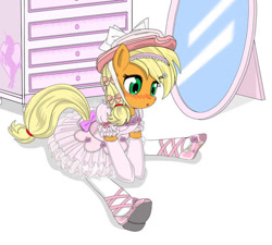 Size: 580x522 | Tagged: safe, artist:avchonline, applejack, earth pony, pony, applejack also dresses in style, ballerina, ballet, ballet slippers, blushing, canterlot royal ballet academy, clothes, dresser, girly, mirror, solo, tomboy taming, tutu