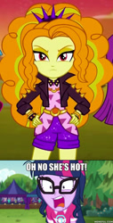 Size: 600x1185 | Tagged: safe, adagio dazzle, sci-twi, twilight sparkle, better together, equestria girls, sunset's backstage pass!, the road less scheduled, adagilight, captions, clothes, female, jacket, lesbian, music festival outfit, oh no he's hot, sci-twidagio, shipping, spongebob squarepants