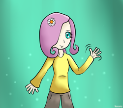 Size: 1704x1500 | Tagged: safe, artist:voxary, fluttershy, human, cute, flower, flower in hair, humanized, shyabetes, simple background, solo, waving