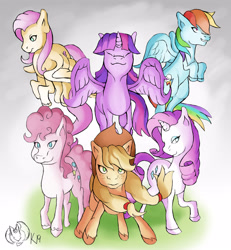 Size: 3600x3900 | Tagged: safe, artist:kenisu-of-dragons, derpibooru import, applejack, fluttershy, pinkie pie, rainbow dash, rarity, twilight sparkle, twilight sparkle (alicorn), alicorn, earth pony, pegasus, pony, unicorn, applejack's hat, cowboy hat, crossover, female, final fantasy, flying, hat, high res, mane six, mare, style emulation