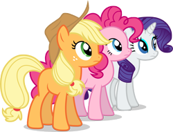 Size: 8690x6656 | Tagged: safe, artist:luckreza8, applejack, pinkie pie, rarity, earth pony, pony, unicorn, twilight's kingdom, absurd resolution, looking at something, missing cutie mark, simple background, transparent background, trio, vector