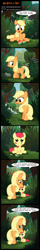 Size: 696x4350 | Tagged: safe, artist:toxic-mario, edit, apple bloom, applejack, earth pony, pony, acrylic painting, apple, comic, food, gift a punchline, pun, traditional art, zap apple