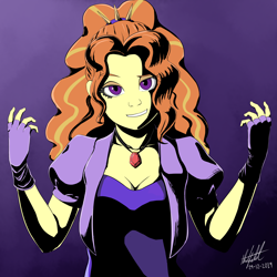 Size: 4000x4000 | Tagged: safe, artist:nlhetfield, adagio dazzle, equestria girls, breasts, cleavage, clothes, eyebrows visible through hair, fingerless gloves, gem, gloves, jacket, lidded eyes, looking at you, purple background, raised eyebrow, shirt, signature, simple background, siren gem, smiling, solo