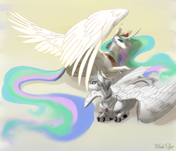 Size: 2132x1836 | Tagged: safe, artist:floralfly, princess celestia, oc, oc:light knight, alicorn, pegasus, pony, armor, crown, curved horn, duo, ethereal mane, female, jewelry, lightestia, male, mare, prone, regalia, stallion