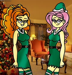 Size: 1280x1339 | Tagged: safe, artist:rdj1995, adagio dazzle, fluttershy, equestria girls, christmas, christmas lights, christmas tree, elf costume, female, holiday, lesbian, shipping, shyagio, tree