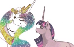 Size: 1280x810 | Tagged: safe, artist:nightmare-moons-throneroom, princess celestia, twilight sparkle, alicorn, pony, unicorn, constellation, duo, ear fluff, ear piercing, earring, ethereal mane, eyes closed, female, jewelry, long horn, mare, necklace, piercing, regalia, simple background, smiling, starry mane, white background