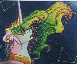 Size: 1280x1057 | Tagged: safe, artist:nightmare-moons-throneroom, princess celestia, alicorn, pony, constellation, crying, ear piercing, earring, ethereal mane, female, floppy ears, jewelry, mare, night, open mouth, piercing, regalia, solo, starry mane, starry night, windswept mane