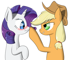 Size: 1024x855 | Tagged: safe, artist:zogzor, applejack, rarity, earth pony, pony, unicorn, blushing, boop, female, lesbian, nose wrinkle, rarijack, scrunchy face, shipping