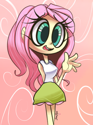 Size: 1280x1717 | Tagged: safe, artist:sourspot, fluttershy, equestria girls, big eyes, breasts, clothes, cute, female, open mouth, skirt, smiling, solo, waving