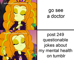 Size: 1000x810 | Tagged: safe, edit, edited screencap, editor:shyinka, screencap, adagio dazzle, better together, equestria girls, sunset's backstage pass!, anxiety, clothes, depression, disguise, disguised siren, exploitable meme, hotline bling, jacket, leather jacket, meme, mental health problems, poofy hair, self deprecation, solo, tumblr