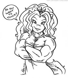 Size: 1051x1200 | Tagged: safe, artist:kaemantis, part of a set, adagio dazzle, anthro, acardio dazzle, biceps, black and white, buff, buff breasts, clothes, commission, dress, female, flexing, gem, grayscale, looking at you, monochrome, muscles, pecs, seductive, signature, simple background, siren gem, smiling, solo, speech bubble, white background