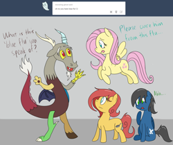 Size: 1280x1069 | Tagged: safe, artist:hummingway, discord, fluttershy, oc, oc:feather hummingway, oc:pan pare, pegasus, pony, ask-humming-way, blue flu, tumblr