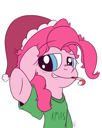 Size: 1600x2000 | Tagged: safe, artist:narmet, pinkie pie, earth pony, pony, candy, candy cane, christmas, clothes, cute, food, hat, santa hat, simple background, solo, transparent background