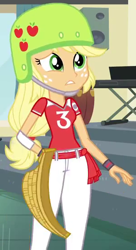 Size: 300x550 | Tagged: safe, screencap, applejack, equestria girls, friendship games, cropped, jai alai, solo