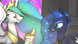 Size: 1024x576 | Tagged: safe, artist:okimichan, princess celestia, princess luna, alicorn, pony, 3d, banana, bananalestia, food