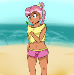 Size: 1800x1823 | Tagged: safe, artist:marshbreeze, fluttershy, human, beach, belly button, humanized, midriff, solo