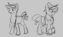 Size: 1148x676 | Tagged: safe, artist:egophiliac, elusive, rarity, pony, unicorn, clothes, gray background, grayscale, hat, male, monochrome, rule 63, simple background, sketch, solo, stallion, suit