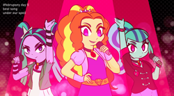 Size: 1772x977 | Tagged: safe, artist:burgeroise, adagio dazzle, aria blaze, sonata dusk, equestria girls, rainbow rocks, evil grin, female, grin, looking at you, microphone, no pupils, singing, smiling, the dazzlings, under our spell