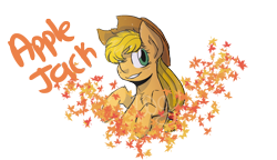 Size: 2600x1500 | Tagged: safe, artist:woogiegirl, applejack, earth pony, pony, autumn leaves, digital art, hat, leaves, solo, text