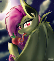 Size: 1024x1161 | Tagged: safe, artist:moobew, fluttershy, bat pony, pony, apple, flutterbat, food, moon, night, race swap, solo