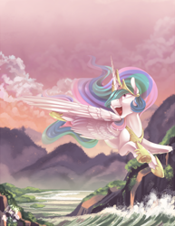 Size: 600x776 | Tagged: safe, artist:breioom, princess celestia, alicorn, pony, cute, female, flying, happy, large wings, majestic as fuck, mare, ocean, open mouth, praise the sun, solo, spread wings, sunset, underhoof, wings