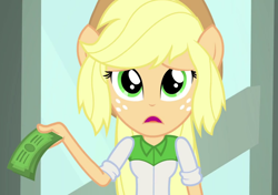 Size: 1020x720 | Tagged: safe, screencap, applejack, a case for the bass, equestria girls, rainbow rocks, money, ponied up, solo